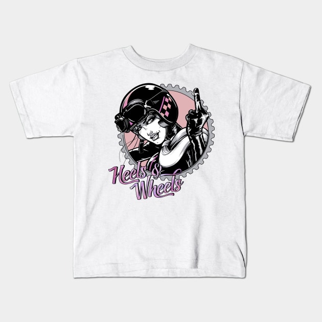 Heels and Wheels Biker Girl Kids T-Shirt by JadesCanvas